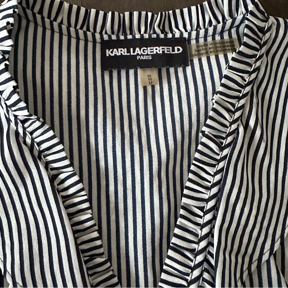 KARL LAGERFELD PARIS Ruffle Blouse Bundle Romantic Red Navy White Stripes M - Picture 8 of 12